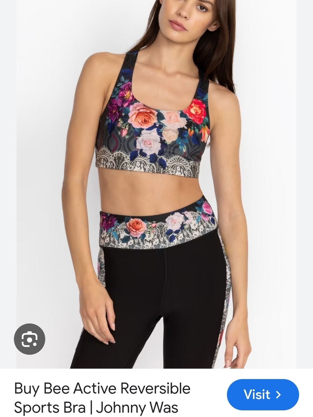 Johnny Was Reversible Black Floral Lace-Trim Racerback Sports Bra - Picture 5 of 6